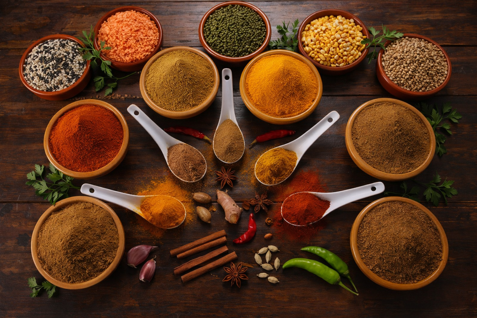 Vibrant spices and herbs display